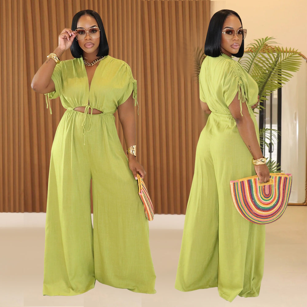 C7388 cross-border   fashion women's casual solid color v-neck tie-waist wide-leg jumpsuit new