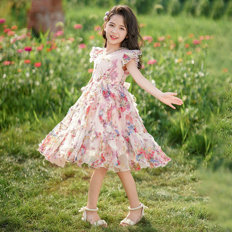 new korean style girls' princess dress - summer lightweight square neck printed chiffon short sleeve dress for children