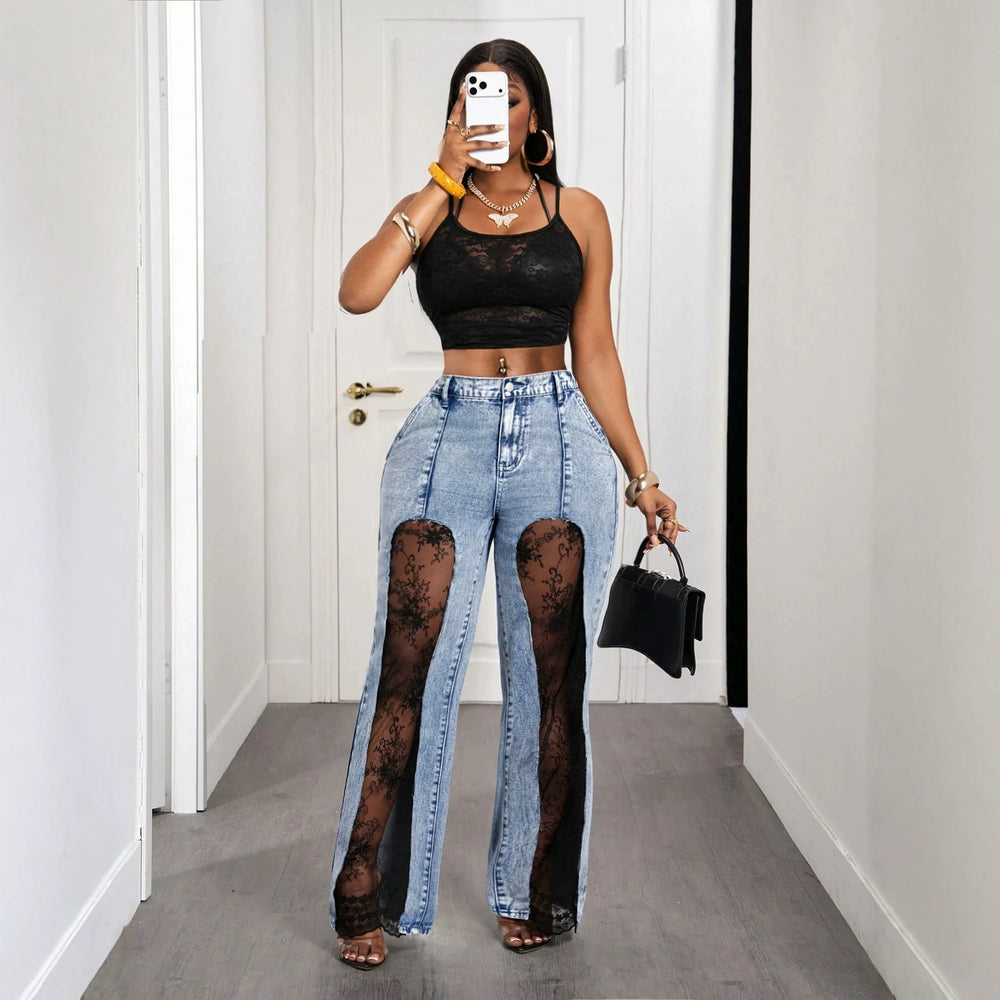 Fashionjeans women's high waist washed front slit patchworklace lined micro-flared jeans hot girl stylishpants