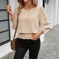 fashion cross-border women's spring & fallpure color long-sleeved ruffle sleeve round neck loose t-shirt