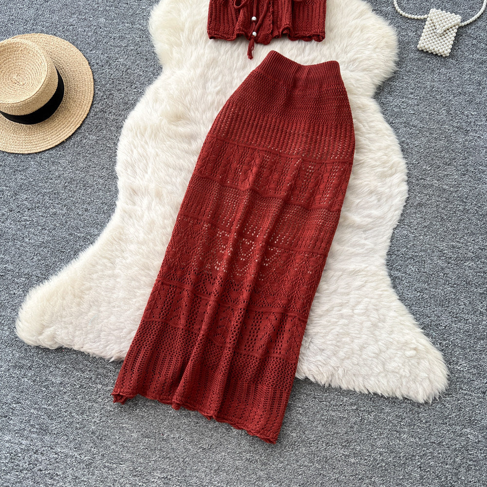 summer hollow-out knit slim-fit two-piece set - women's retro sleeveless, slimming, elegant, and chic workwear outfit