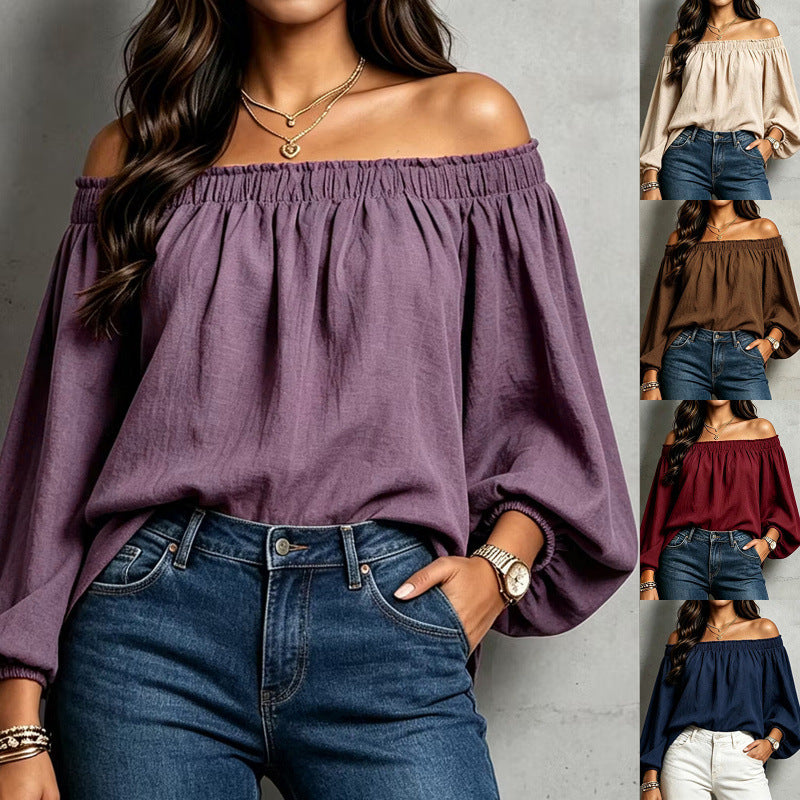 new european and american style independent store: sexy off-the-shoulder elasticated loose long-sleeve shirt