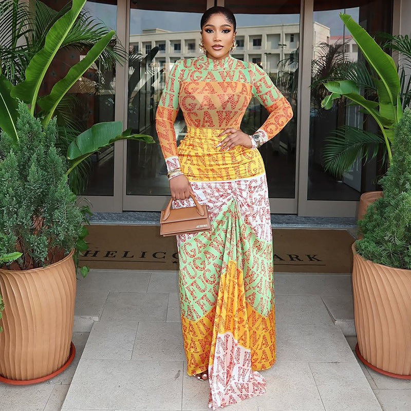 Fashion style cross-border printing elegant women's clothing work clothing waist bag hip skirt high collar long sleevespatchwork slightly see-through dress trendy
