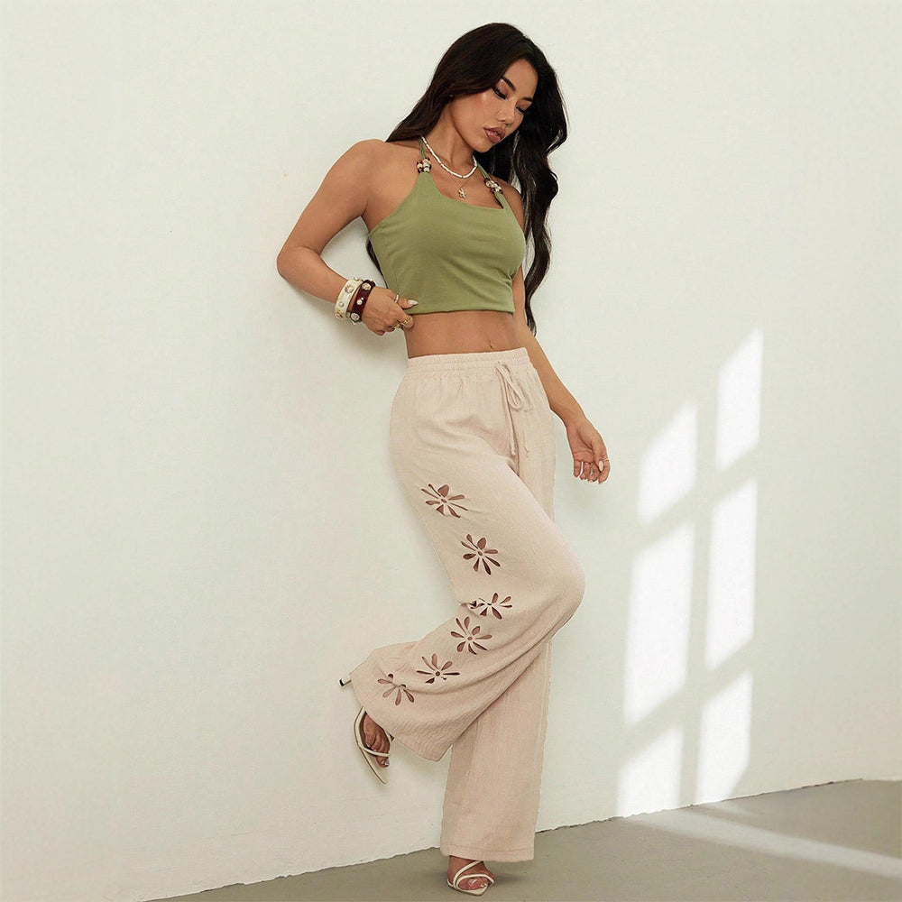 new european and american cross-border fashion high-waisted casual hollow-out solid color pants