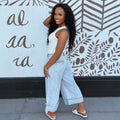 Fashionjeans women's high waiststripes washed cuffed wide-leg cropped denim women's pants cross-border loosecasual pants