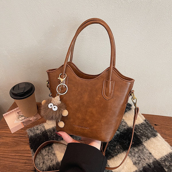 Women's winter  new fashion simple solid color texture portable bucket bag daily commute shoulder messenger bag