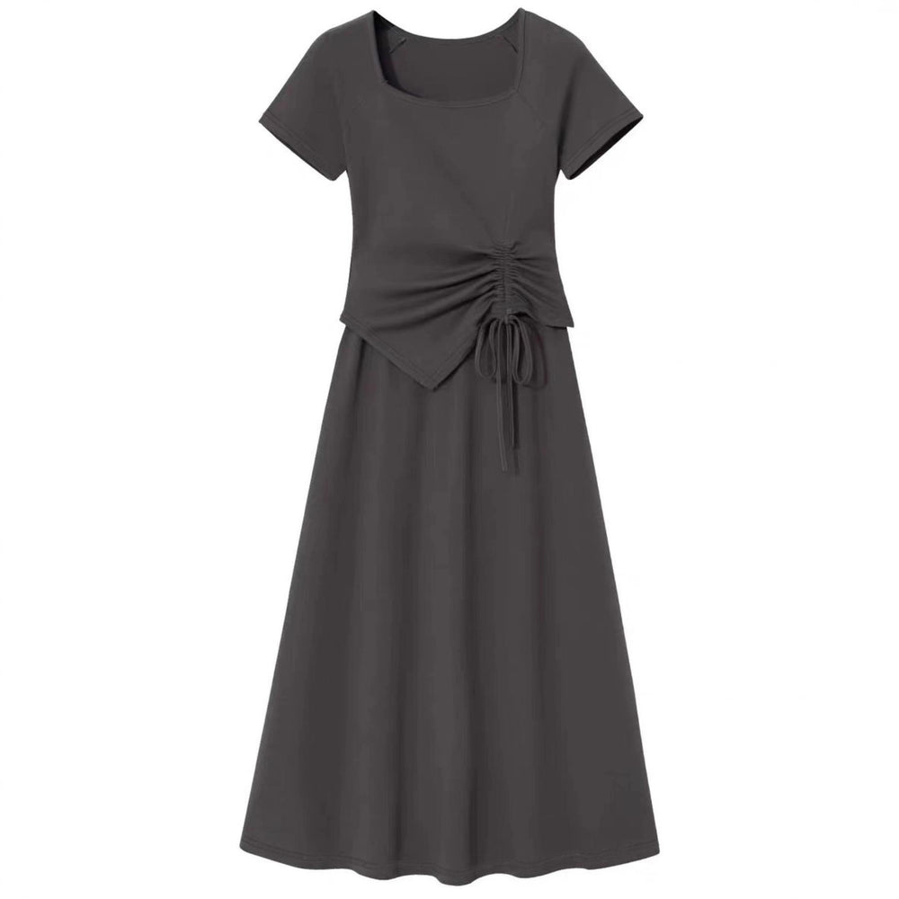Japanese and korean lazy style asymmetrical square neck design gray dressfrenchclassy sense of wear long skirt suit