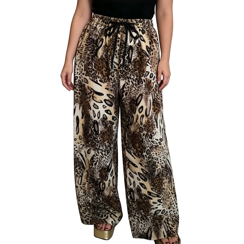 C7768 cross-border  new women's rhinestone drawstring wide-leg pants, vintage animal print casual trousers