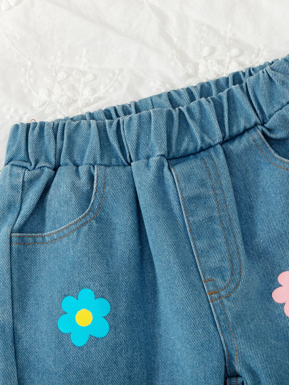 new autumn cross-border girls' cute floral print crewneck sweatshirt and washed denim flare pant set