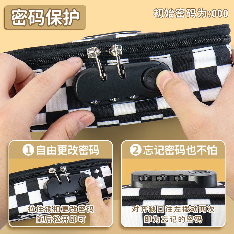 Customized pencil case large capacity Oxford cloth checkerboard combination lock stationery box   wholesale can print logo