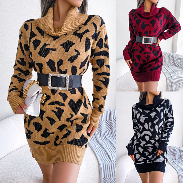 The real shot is 2023 autumn and winter European and American street style turtleneck leopard print long-sleeved bottoming sweater skirt, independent station  women's clothing