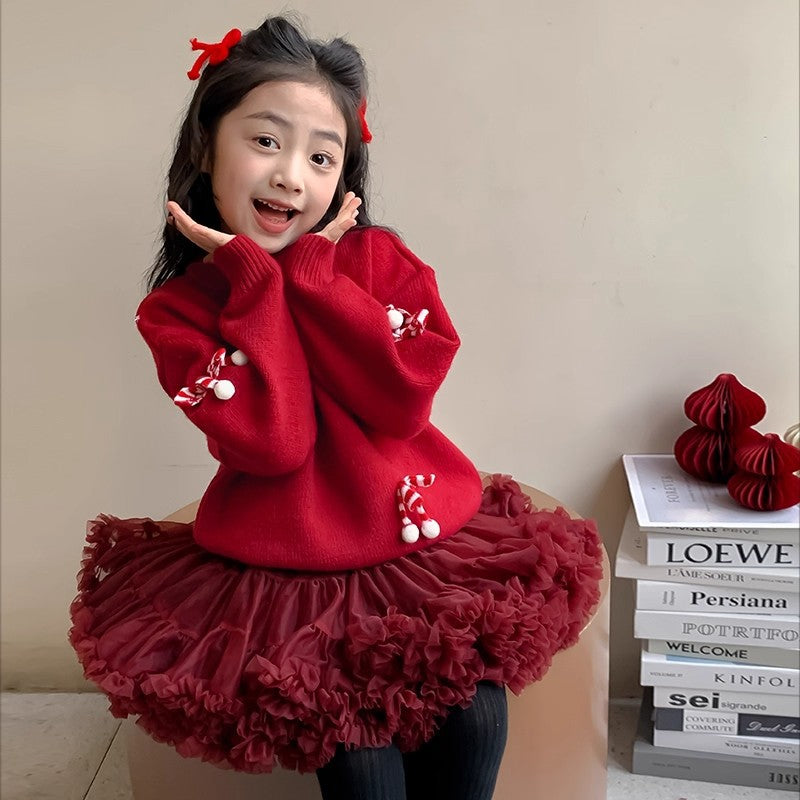 Girls' new year outfit: red sweater, winter knit top, stylish children's sweater,  new year's festive apparel