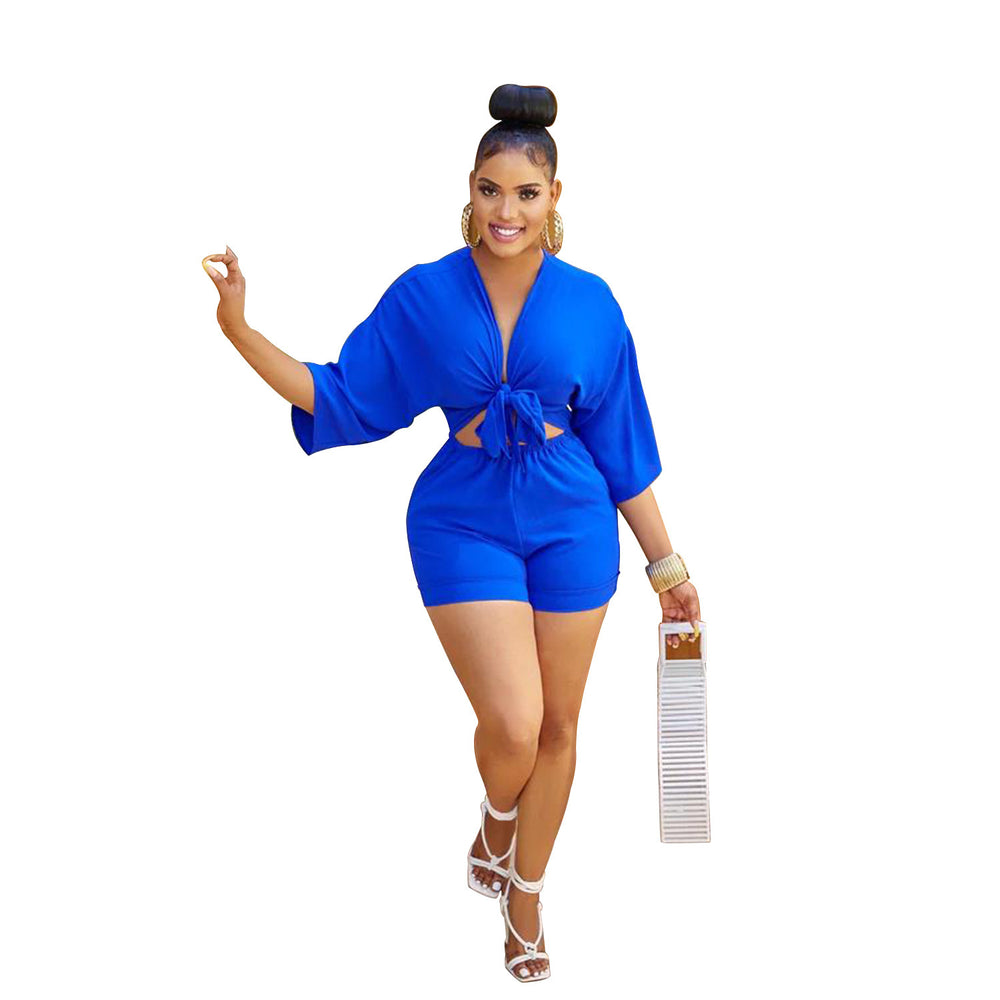 C5973 in stock cross-border   fashion women's shorts, mid-sleeve mock shirt jumpsuit