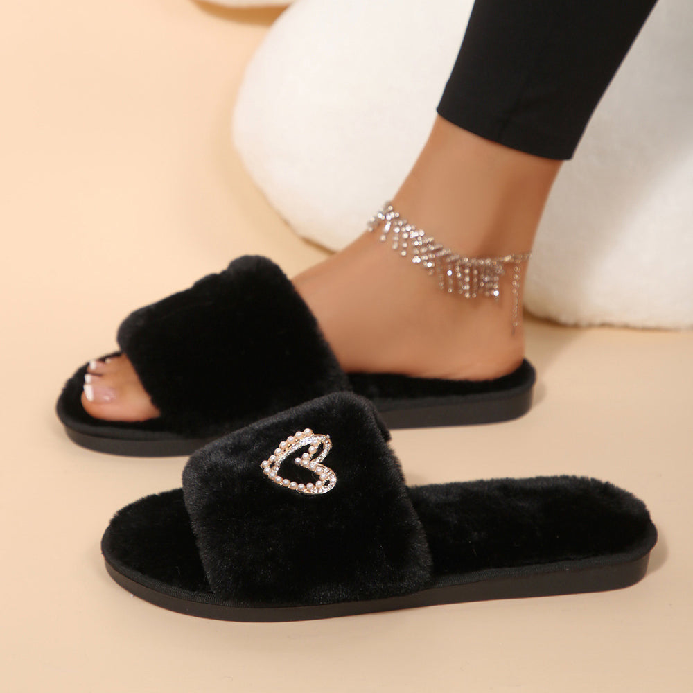 Fuzzy slippers women's 2025 autumn/winter new collection rhinestone flat warm thong slippers trendy fashion cotton slippers plus size