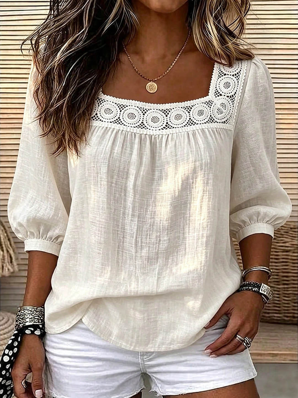 european and american cross-border lace square neck top - puff sleeve, cutout detail, soft cotton linen short sleeve - women's export fashion