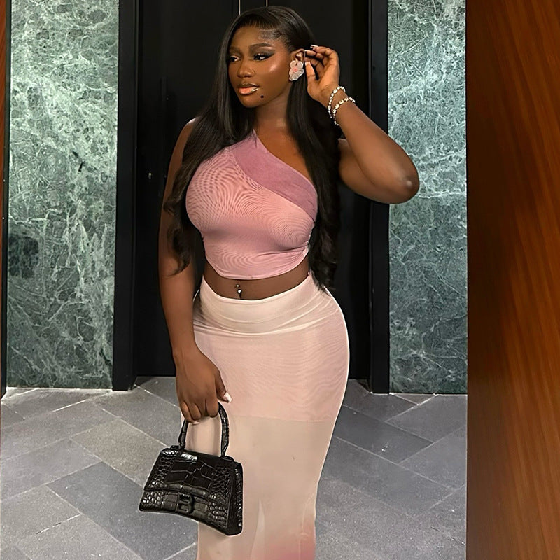 European and american style fresh & chic women's crop top & bodycon mini dress set - gradient color, asymmetrical neckline, semi-sheer, two-piece outfit