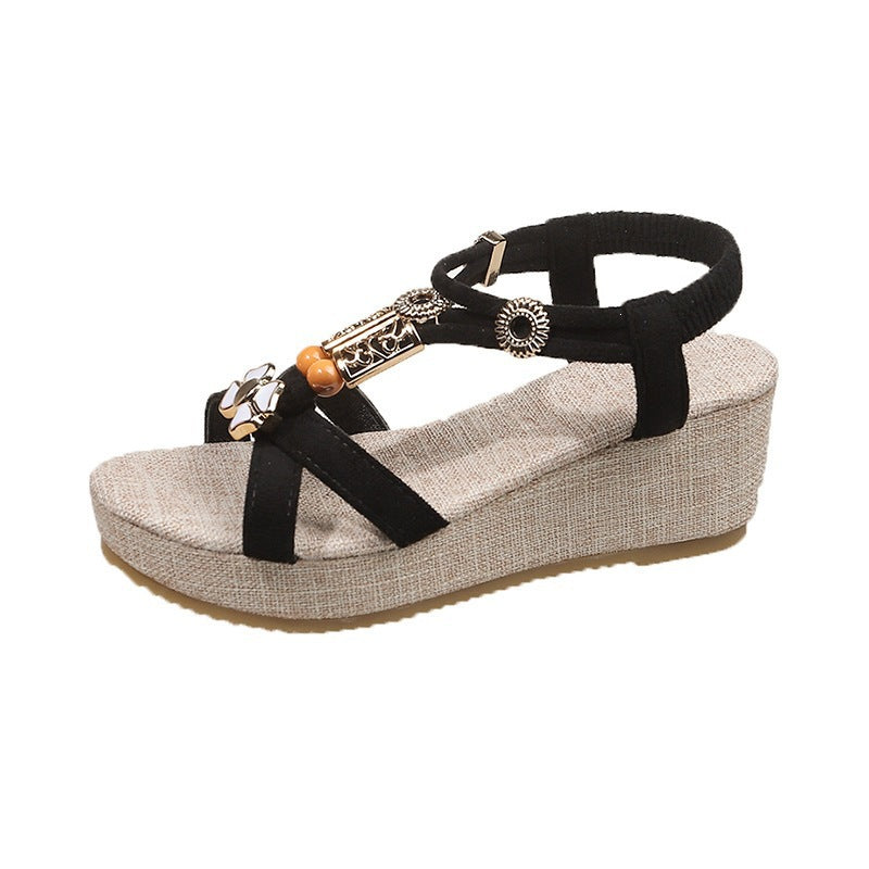 Women's beaded wedge sandals for export to europe and the us - new bohemian thick-soled platform roman sandals for summer