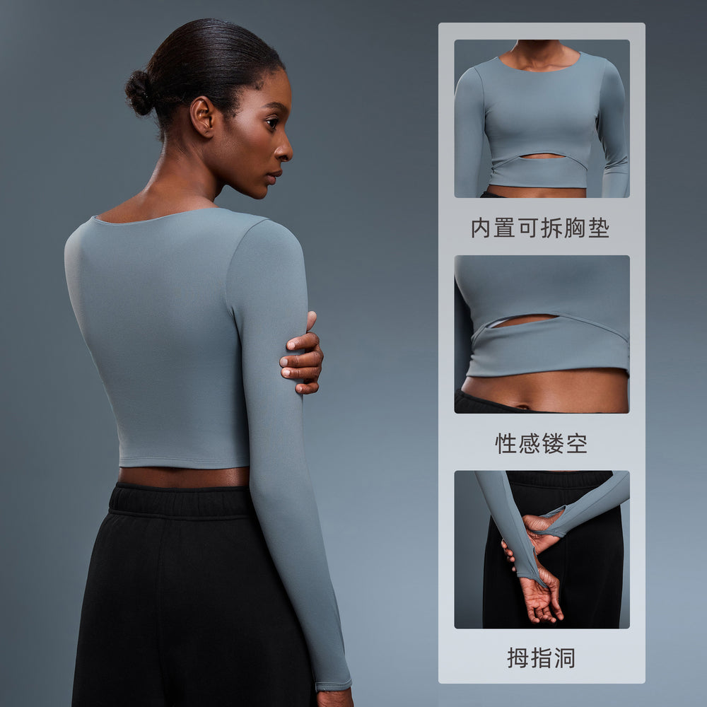 European and american new style padded sports long sleeve t-shirt, fashionable cropped fit, outdoor running slim yoga top for women s2032