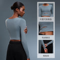 European and american new style padded sports long sleeve t-shirt, fashionable cropped fit, outdoor running slim yoga top for women s2032