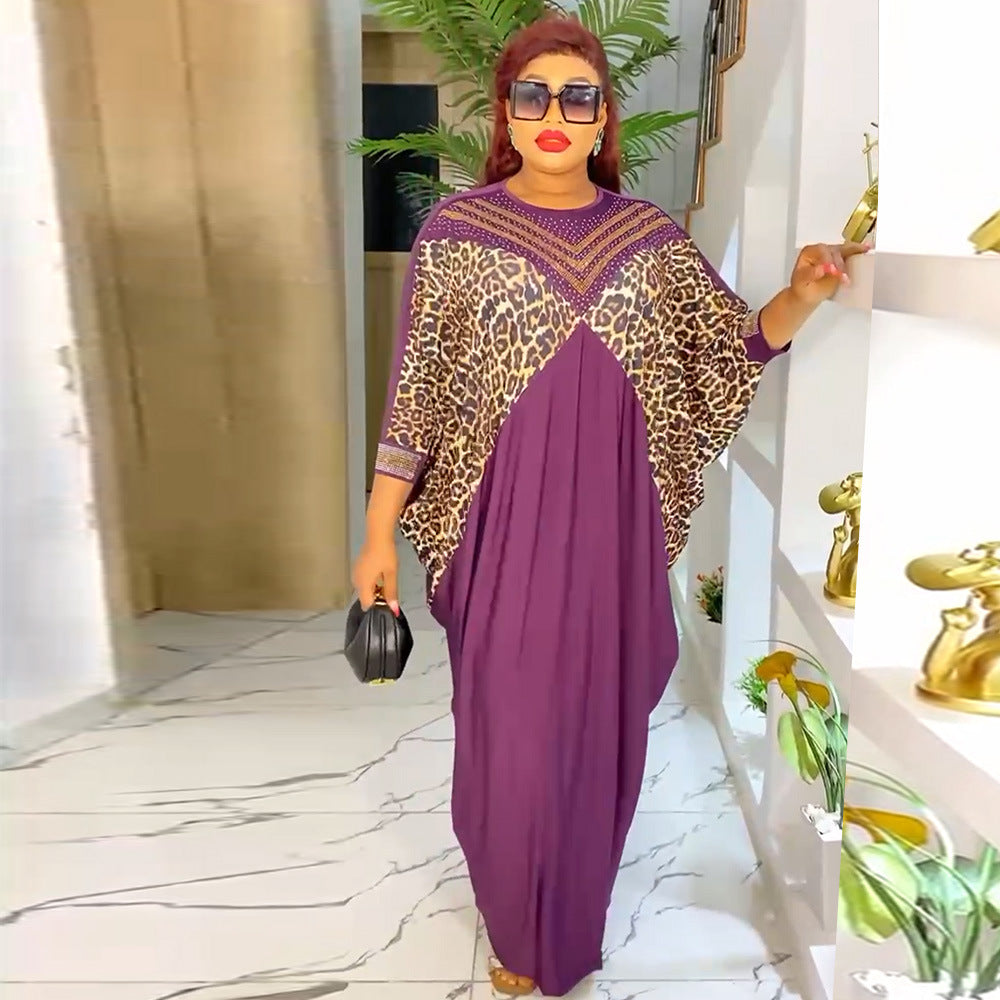 Hot diamond urban casual round neck dress african  women's clothing fat plus size leopard print long robe