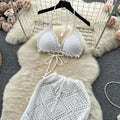 Ins vacation style suit women's sense of design bikini halter vest easiest for match tassel skirt knittingtwo-piece set