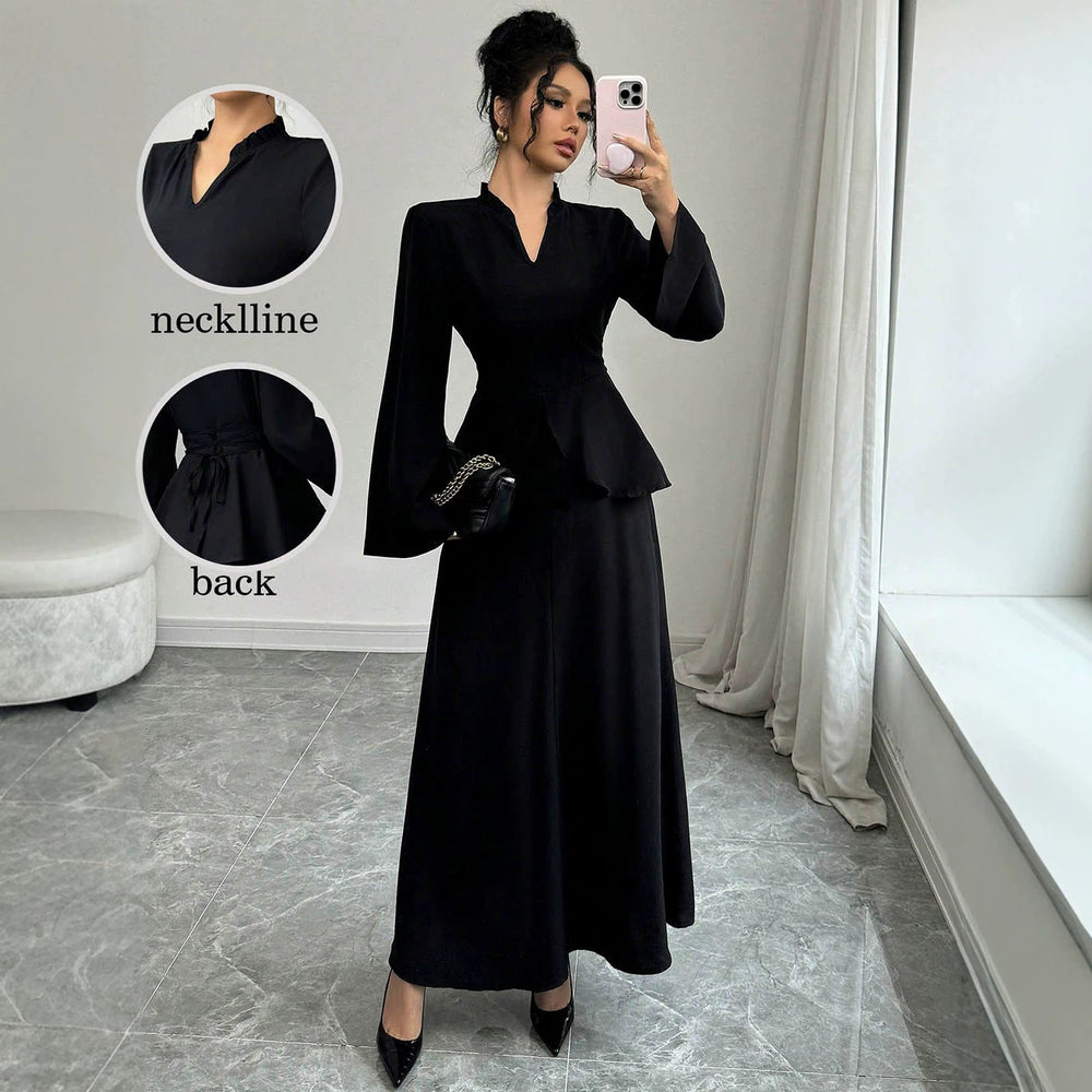 Exportaccessible luxurywork clothingtwo-piece setruffle waist swing flare long sleeves back straps slimming lookblacklong wide leg cover