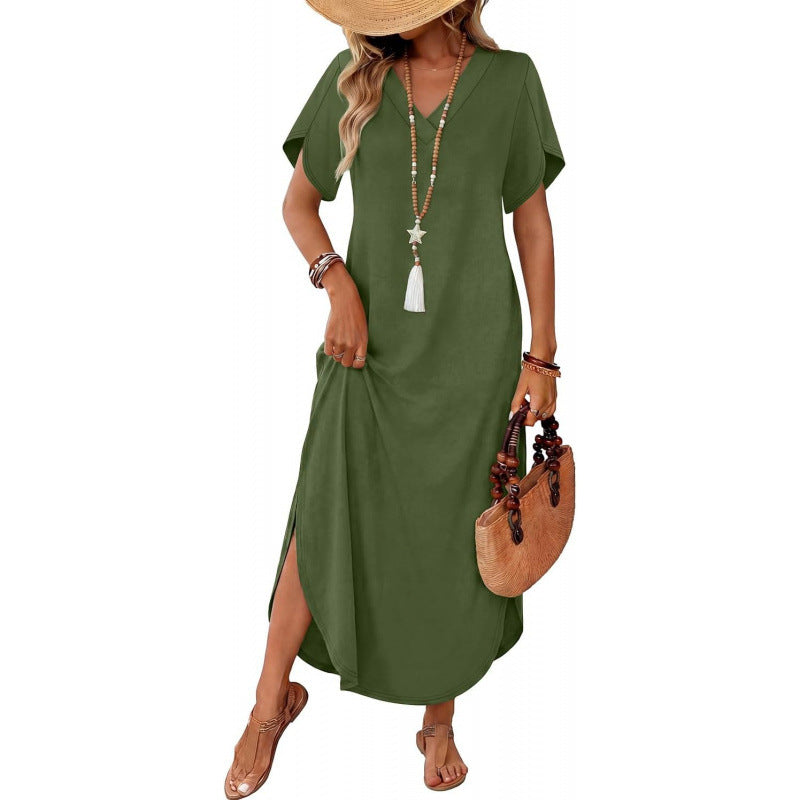 Amazon short-sleeve dress v-neck tank dress  summer new arrival side slit casual beach dress