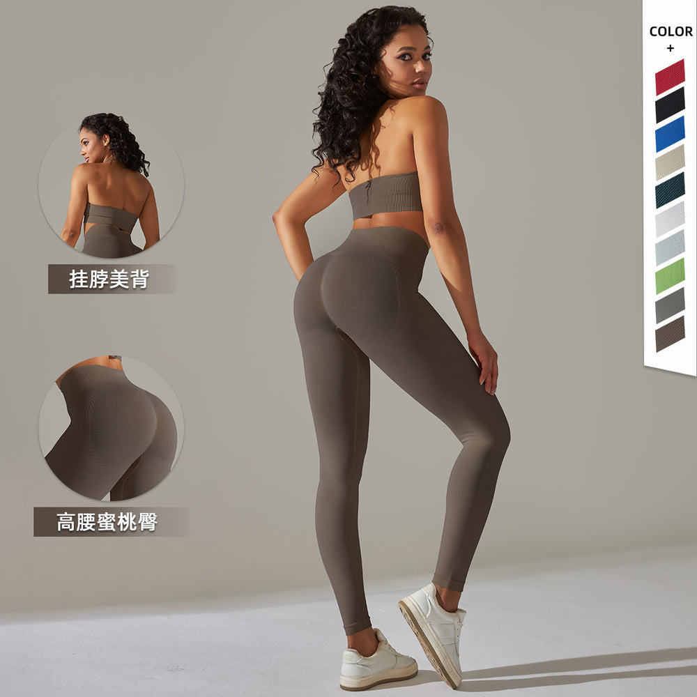 European and american cross-border seamless backless halter sports bra yoga set - fitness bra and yoga pants two-piece set for women