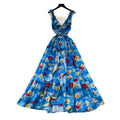 Vacation style v neck floral sleeveless dress women's summer pastoral style blue ribbon waist slimming look long skirt