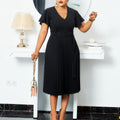 Q006t summer v-neck solid color sexy deep sleeve high waist flared pleated skirt european and american african foreign trade plus size dress