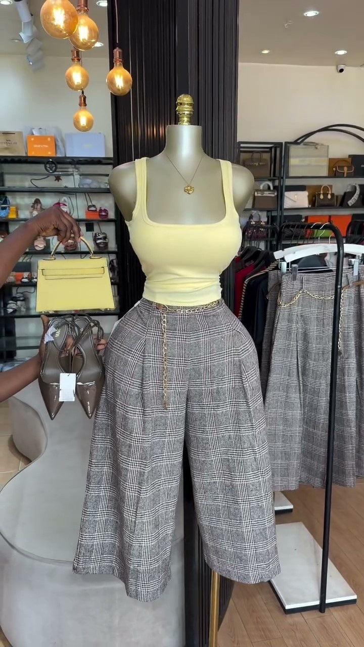 European and american cross-border women's fashion:  summer new arrivals - vintage plaid, loose fit, slimming wide-leg casual pants for petite figures