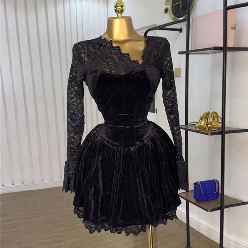 European and american cross-border women's fashion:  autumn new arrivals - sexy and elegant asymmetrical lace backless tie-up dress