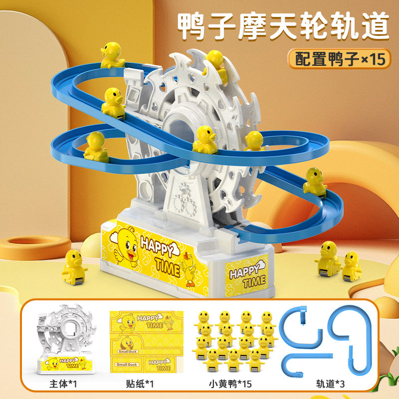 2025 new year children's toy educational duck ferris wheel climbing stairs electric music light track cross-border