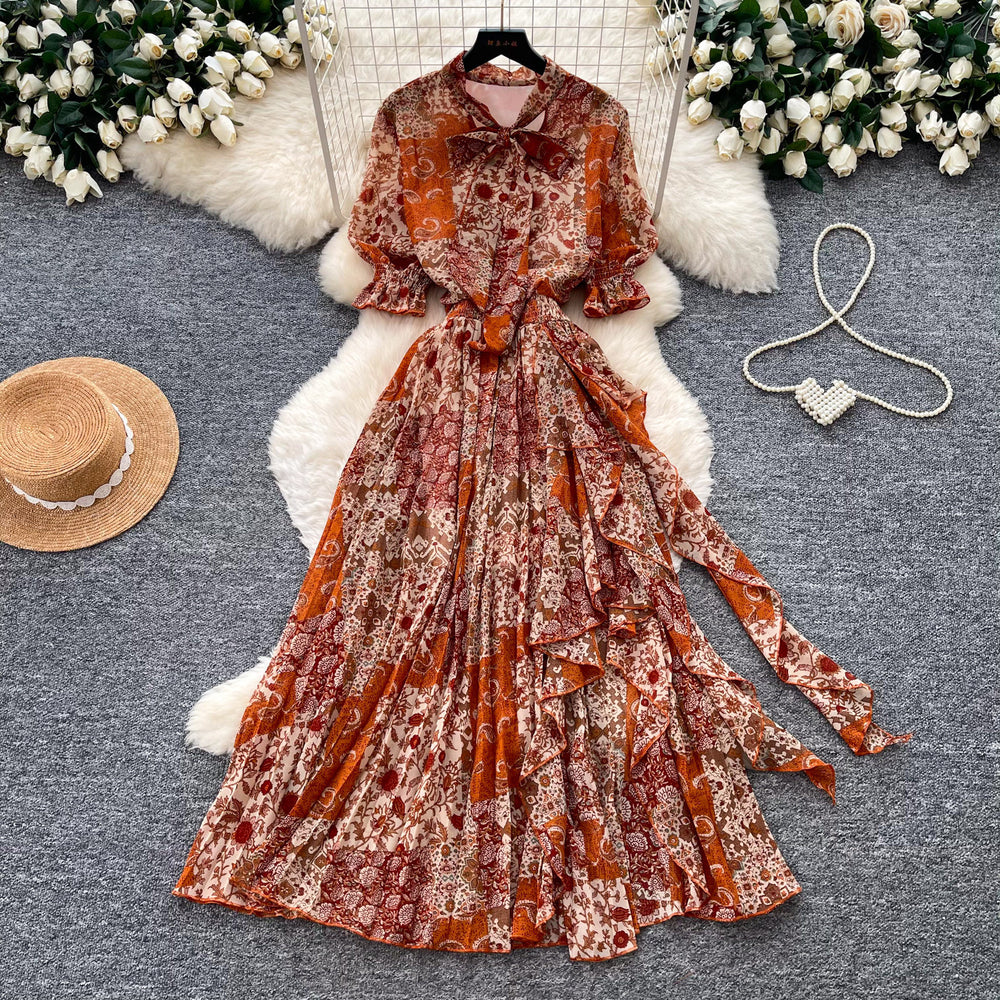 Vintage print short-sleeve dress women's long-sleeve a-line dress summer slimming waist elegant long dress