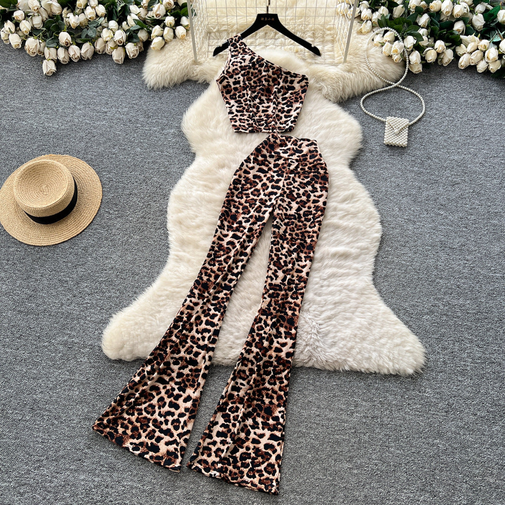 Fashion ins scheming sense of design sleeveless slanted shoulder short leopard print vest women's high waist hip-covering slightly flared pantssuit
