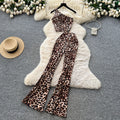 Fashion ins scheming sense of design sleeveless slanted shoulder short leopard print vest women's high waist hip-covering slightly flared pantssuit