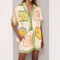 summer new women's clothing cross-border export fashion retro color block print drawstring button set 661
