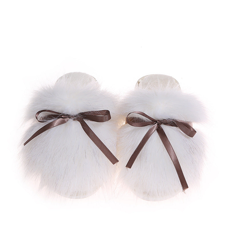 Baotou furry slippers for women outwear2024fall and winternew arrivalbows imitation fox fur fairy style flats cotton slippers