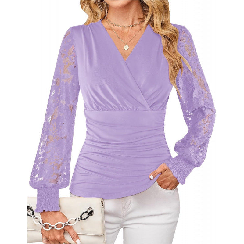 Amazon casualelegancelace pleated shirt women's  spring new arrivalelegantfashionlong sleevestops
