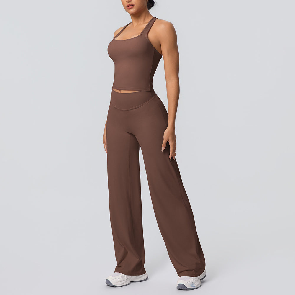 fashion brushed pure color tight i-shaped back sports suit running fitness yoga wear wide-leg two-piece set