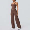 fashion brushed pure color tight i-shaped back sports suit running fitness yoga wear wide-leg two-piece set