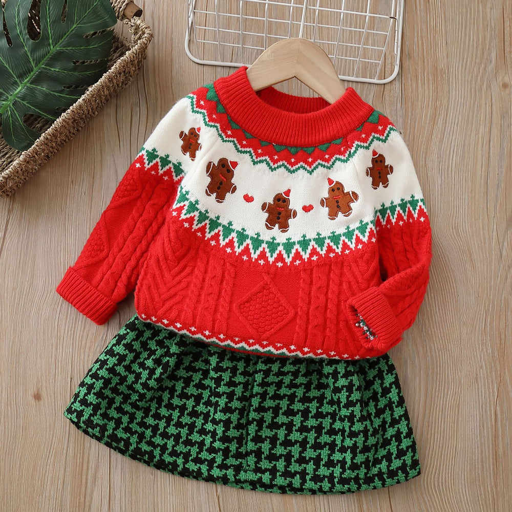 Knitted two-piece set:  christmas & new year's edition - girls' cartoon fleece-lined cardigan sweater set