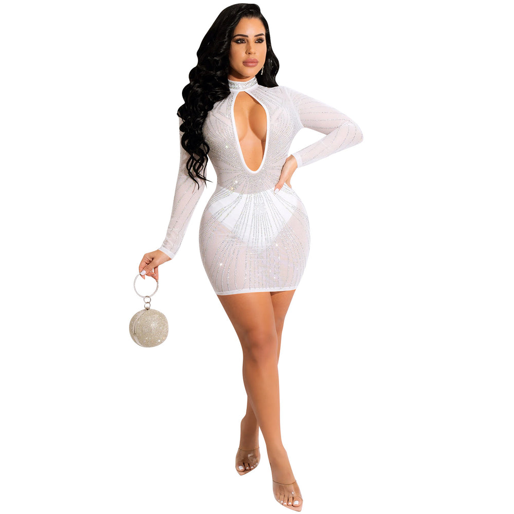 X5565   fashion new product nightclub hot diamond mesh see-through long sleeves cut out skirt dress