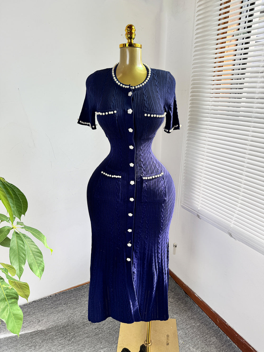 Export women's french tweed style elegance celebrity silm short-sleeved knittingdress beaded fishtail mid-length skirt