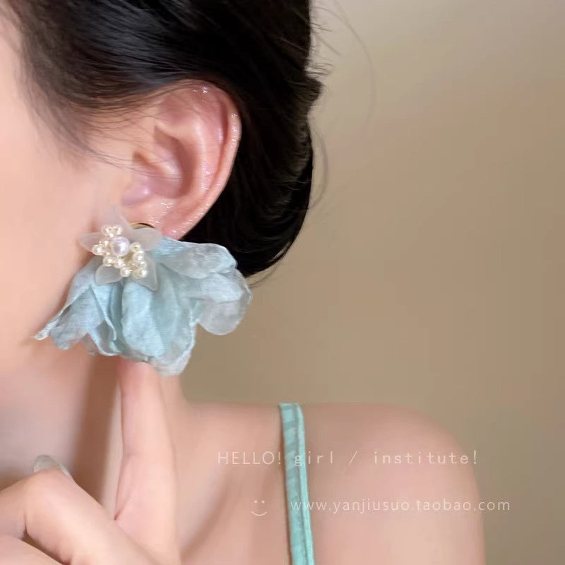 Spring floral chiffon mesh blue flower earrings - ethereal, sweet, and dopamine-boosting studs for women