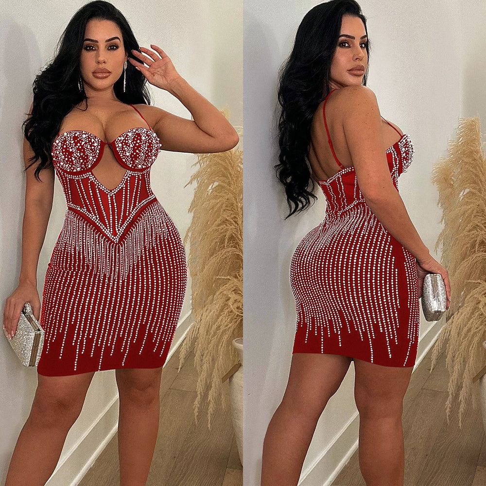 C6753 cross-border   fashion women's solid color mesh rhinestone camisole mini dress