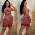 C6753 cross-border   fashion women's solid color mesh rhinestone camisole mini dress