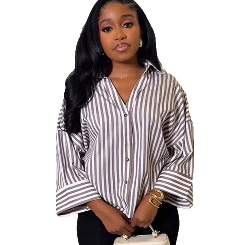 European and american cross-border women's fashion:  autumn new arrivals - stylish casual turn-down collar loose fit cropped striped shirt top
