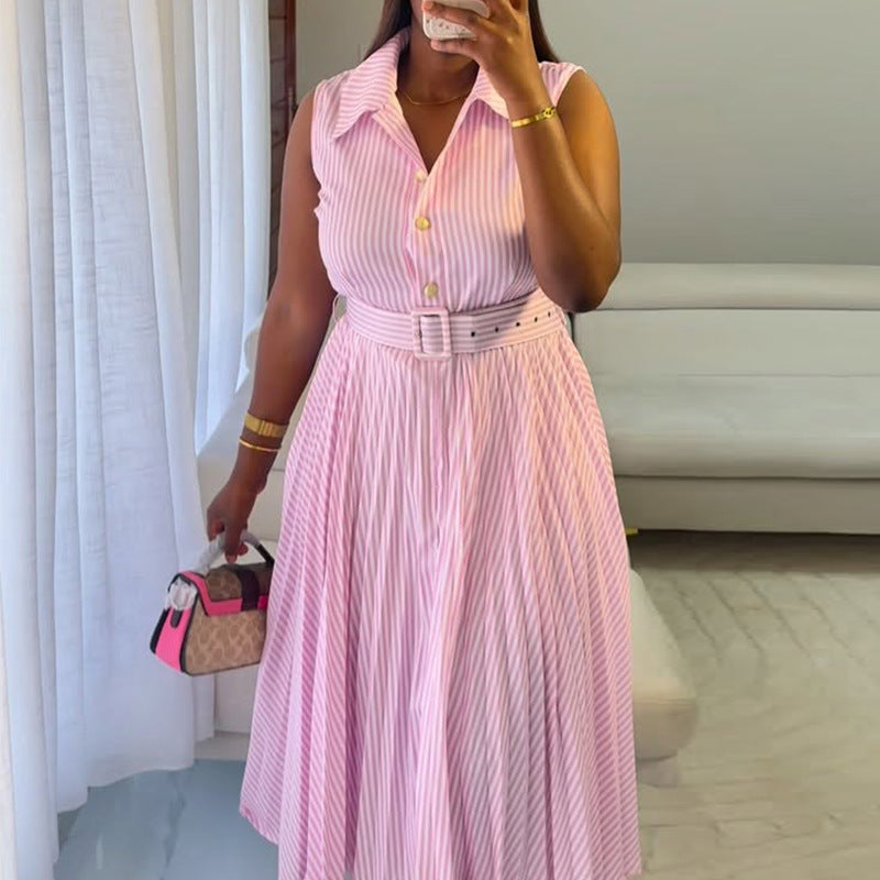 European and american cross-border women's fashion:  summer new arrival - elegant and stylish striped lapel tie-up pleated sleeveless dress