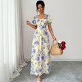 Fashion cross-border  french printingdress low collar chest pleated design short flying sleeves high waist long
